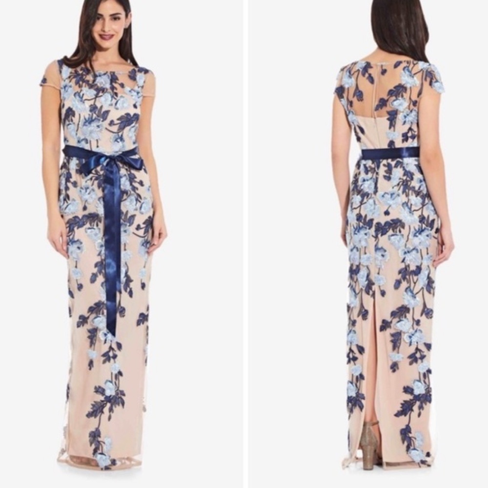 Adrianna Papell Nude Floral Embroidered Midi Dress with Navy Accents